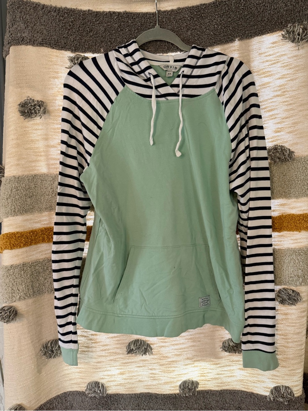 Orvis Mint Green Hoodie with Black & White Striped Sleeves - medium